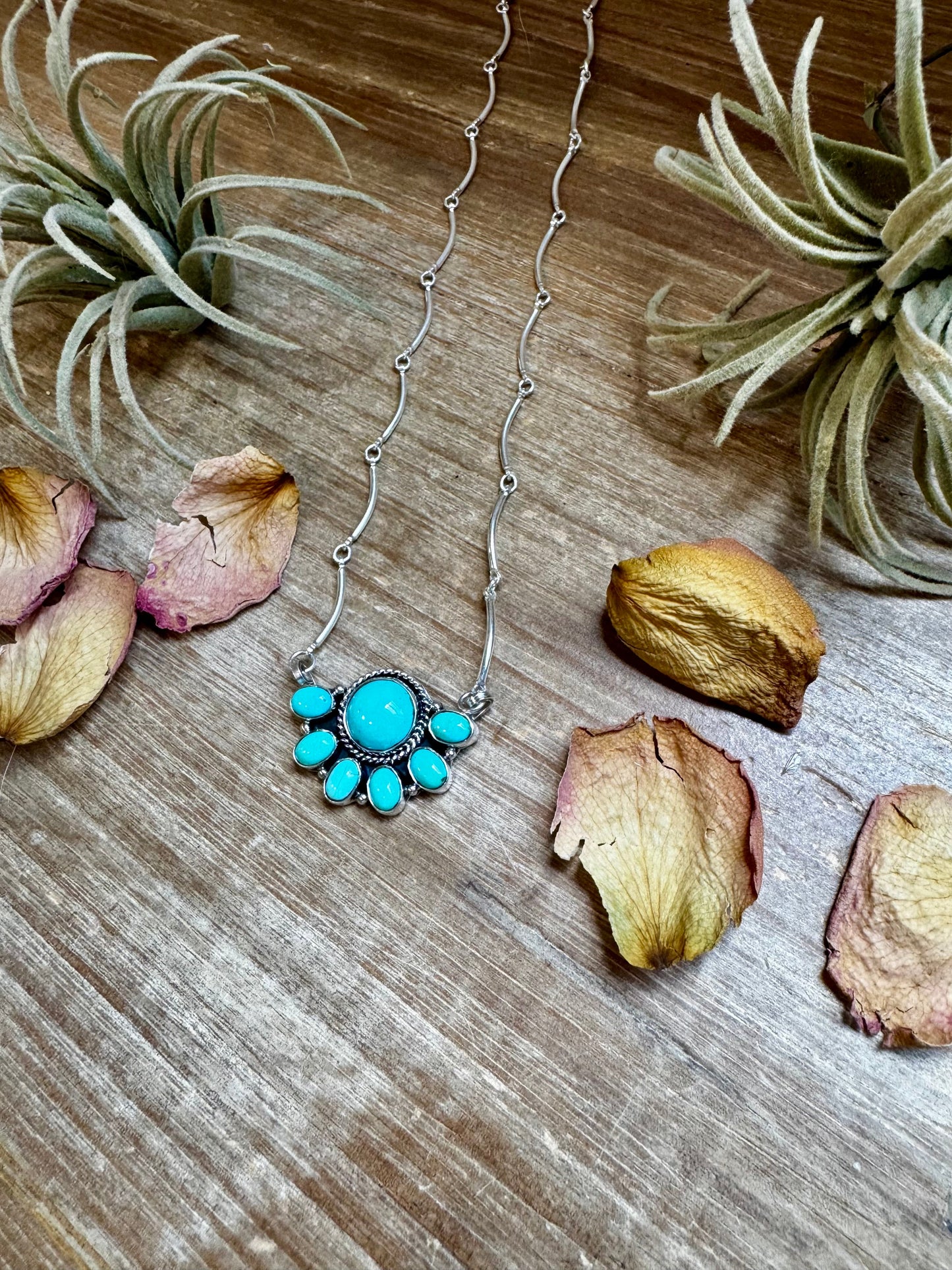 Smaller Cluster Necklace – Kingman Turquoise on Liquid Silver Chain, 18 Inch – USA Made