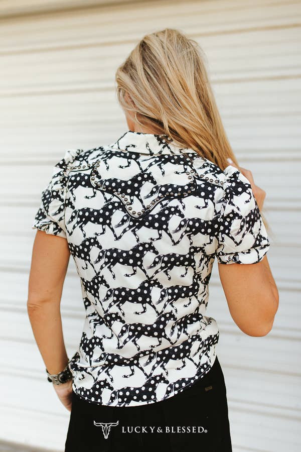 Horse Printed Puff Studded Detail Pearl Snap Shirt