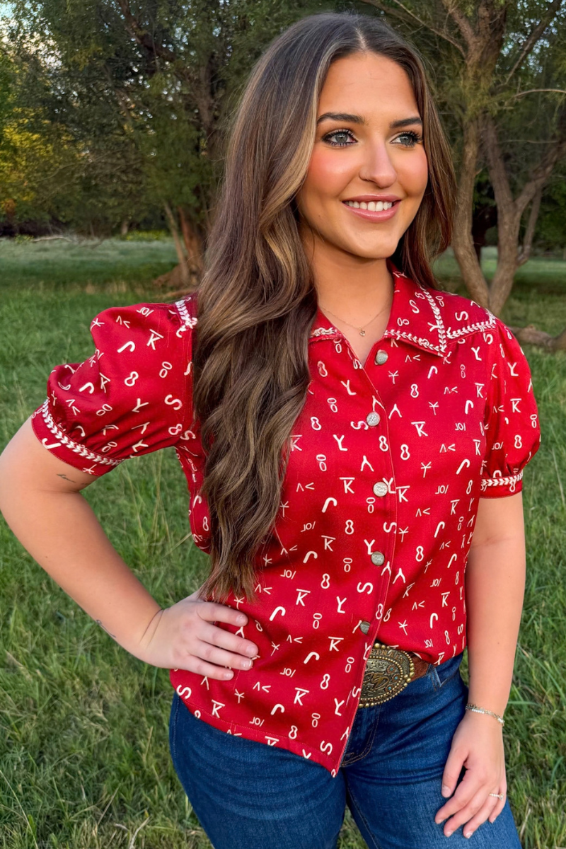 Branded In Red Button Up Top
