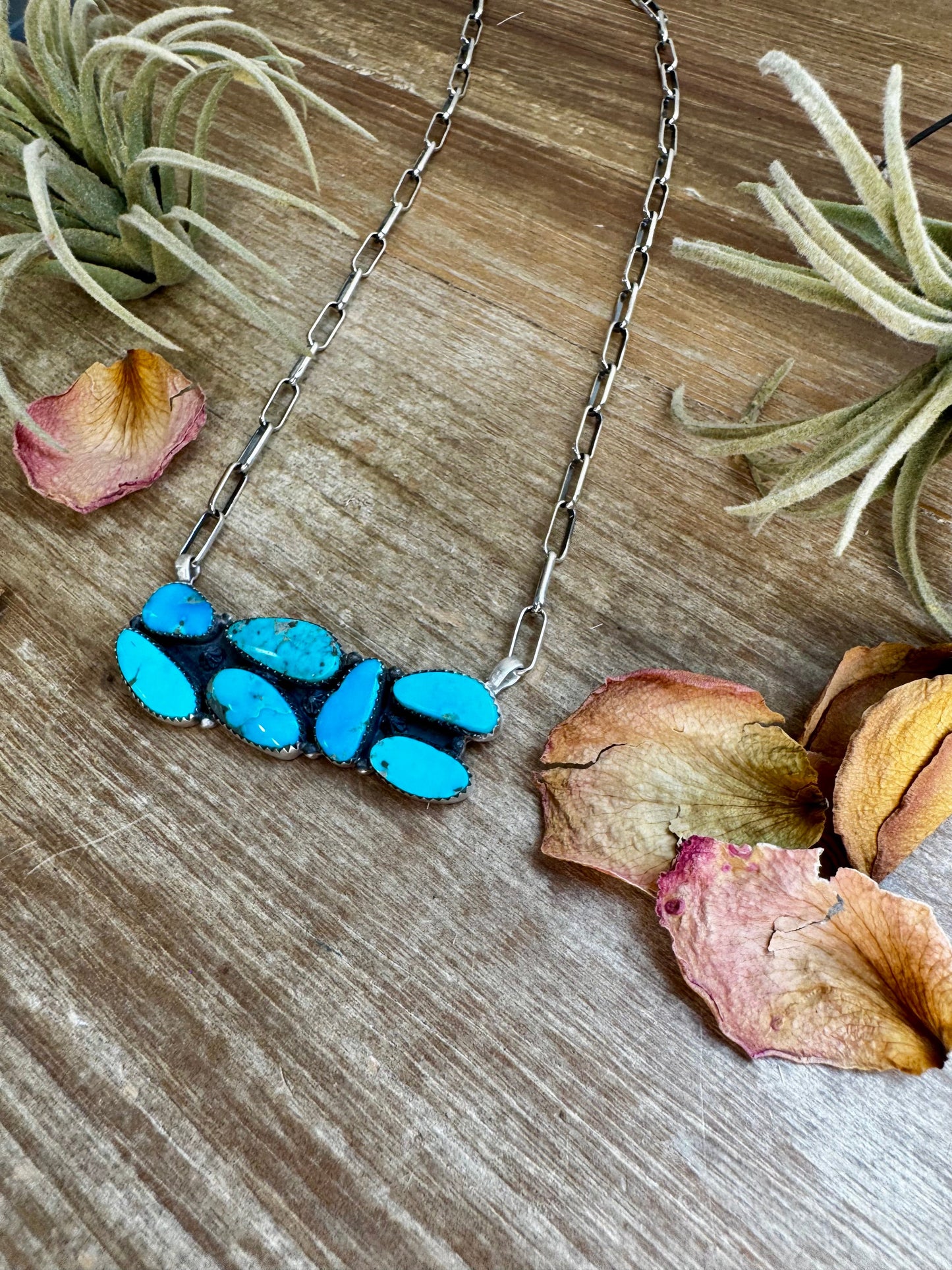 Bar Necklace – 7 Large Kingman Turquoise Stones – Sterling Silver – 19 Inch Paperclip Chain