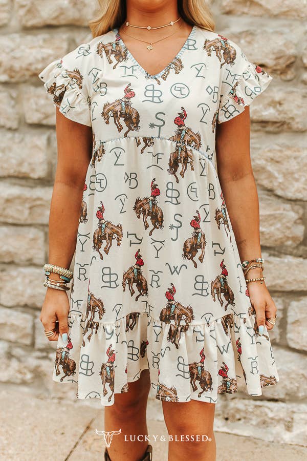 Kicking Cowboy Horse Cattle Brand Ruffle Tier Dress