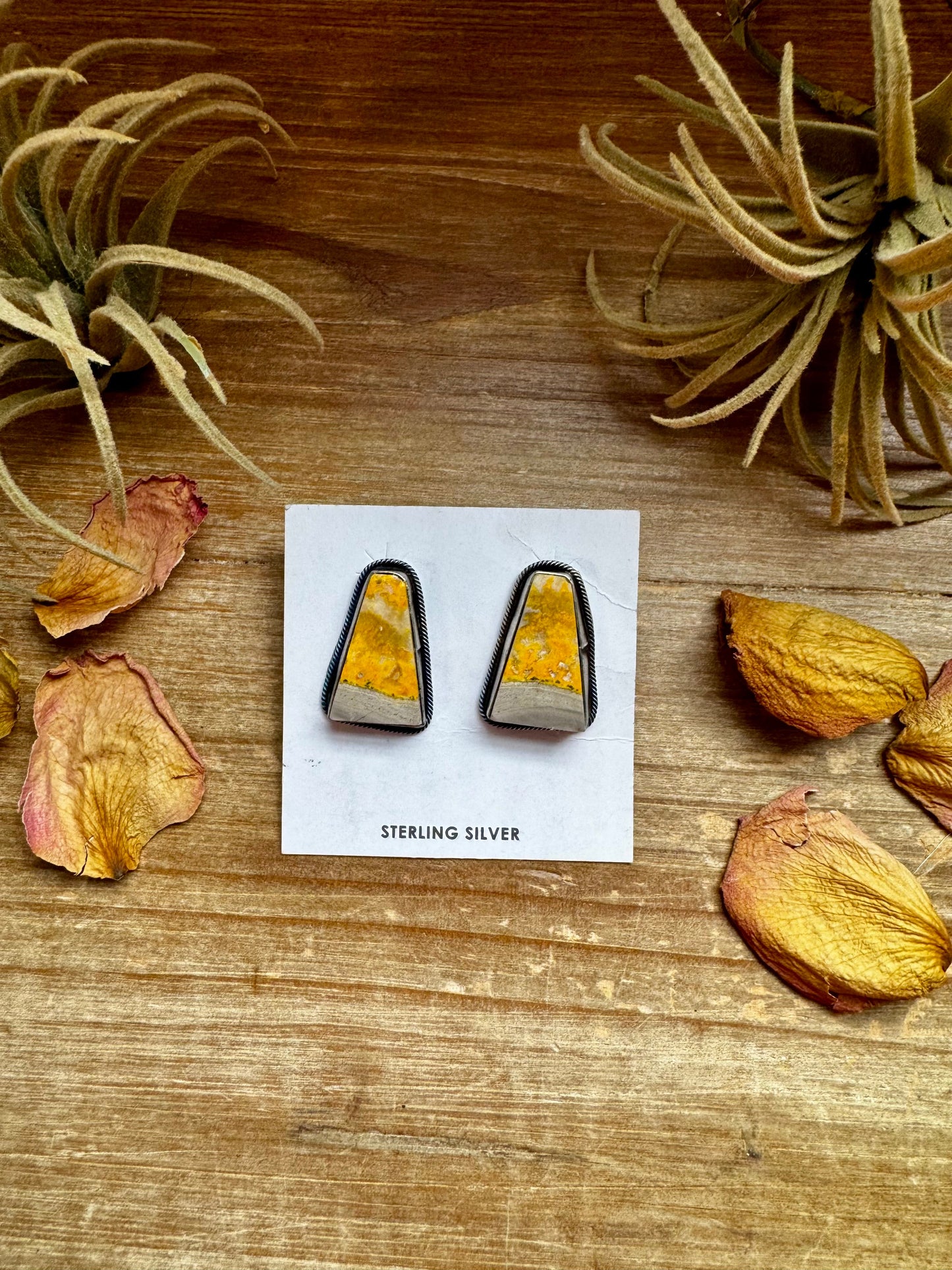 Bumblebee Jasper Stud Earrings – Native Made, Sterling Silver, 1 Inch Long