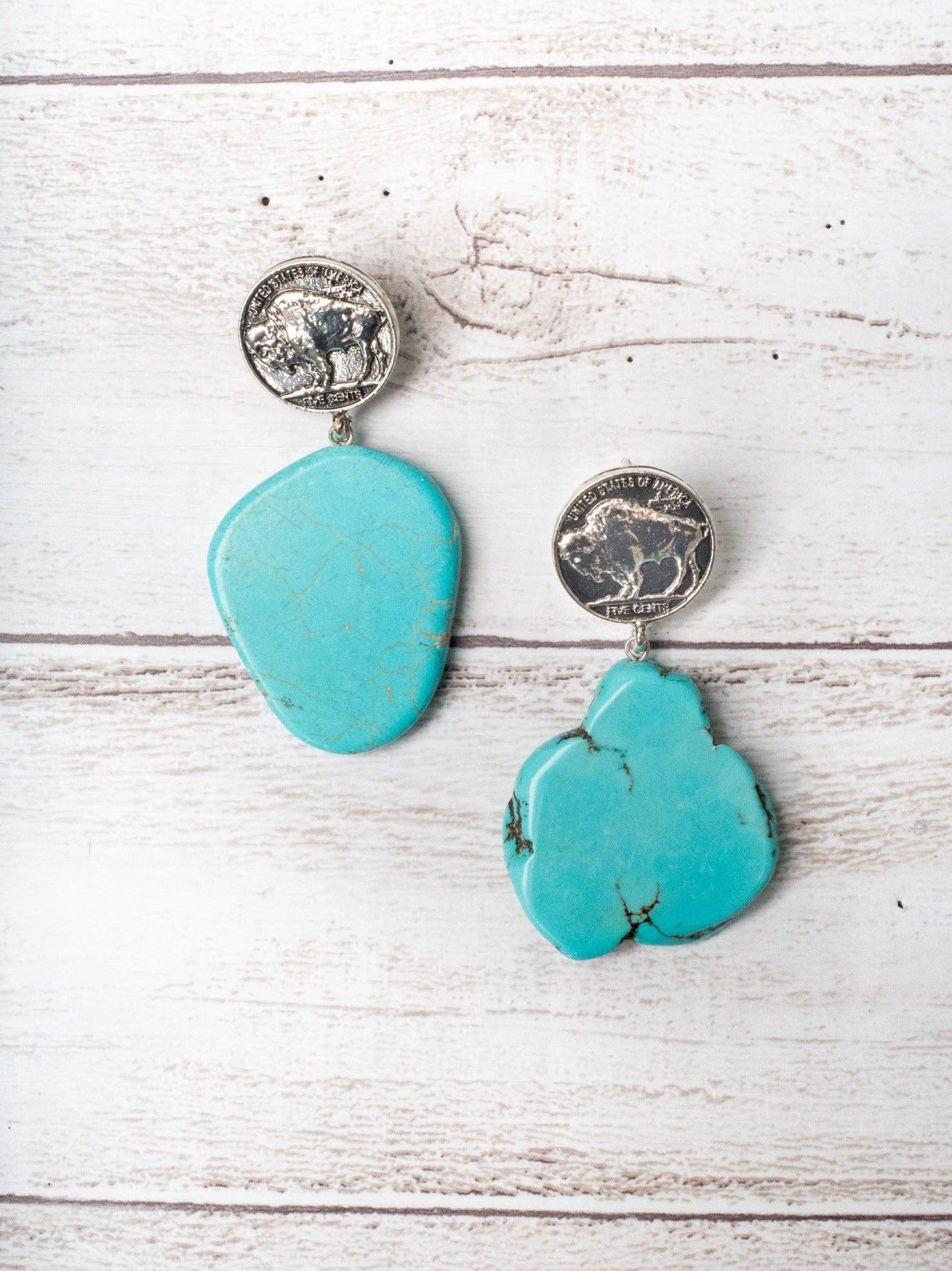 DON'T BE A SALTY HEIFER TURQUOISE ROCK SLAB WITH BUFFALO NICKEL COIN EARRINGS: Turquoise / One Size