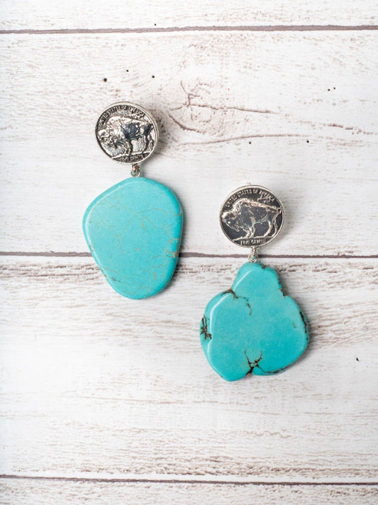 DON'T BE A SALTY HEIFER TURQUOISE ROCK SLAB WITH BUFFALO NICKEL COIN EARRINGS: Turquoise / One Size