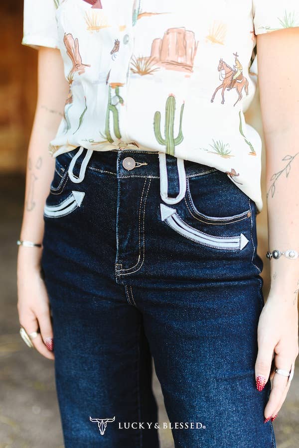 Dark Wash Stretch Denim Western Wide Leg Jeans