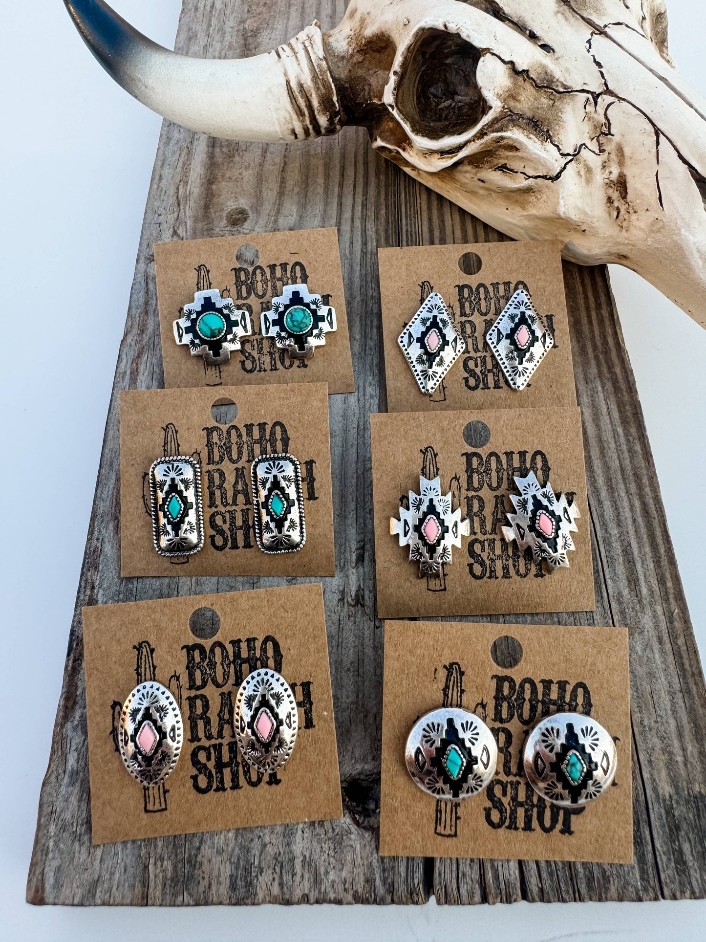 Western Hand Stone Aztec Post Earrings - turquoise pink: STLYE 6 - ROUND PINK