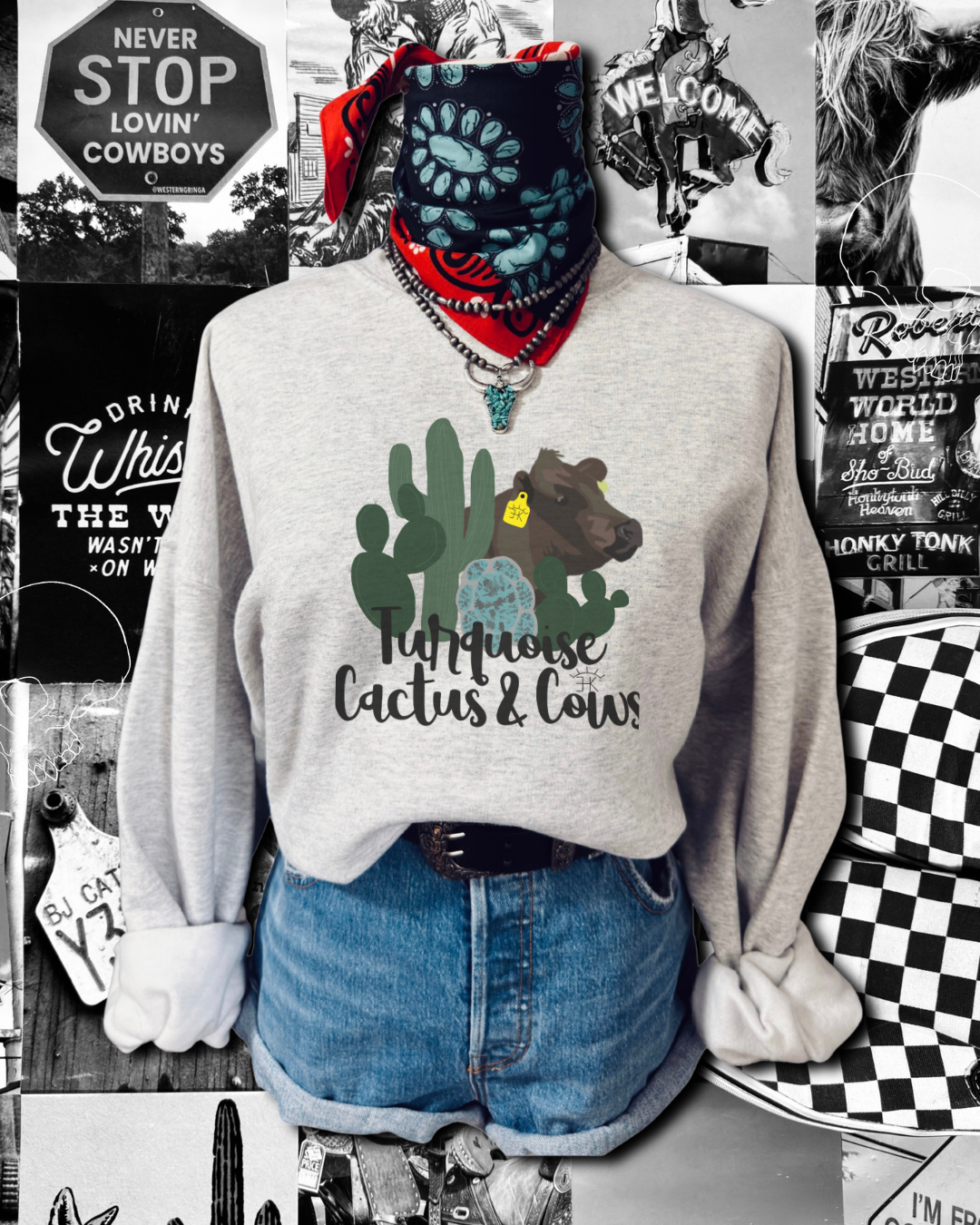 Turquoise , cactuses and cows   sweatshirt