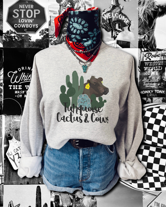 Turquoise , cactuses and cows   sweatshirt
