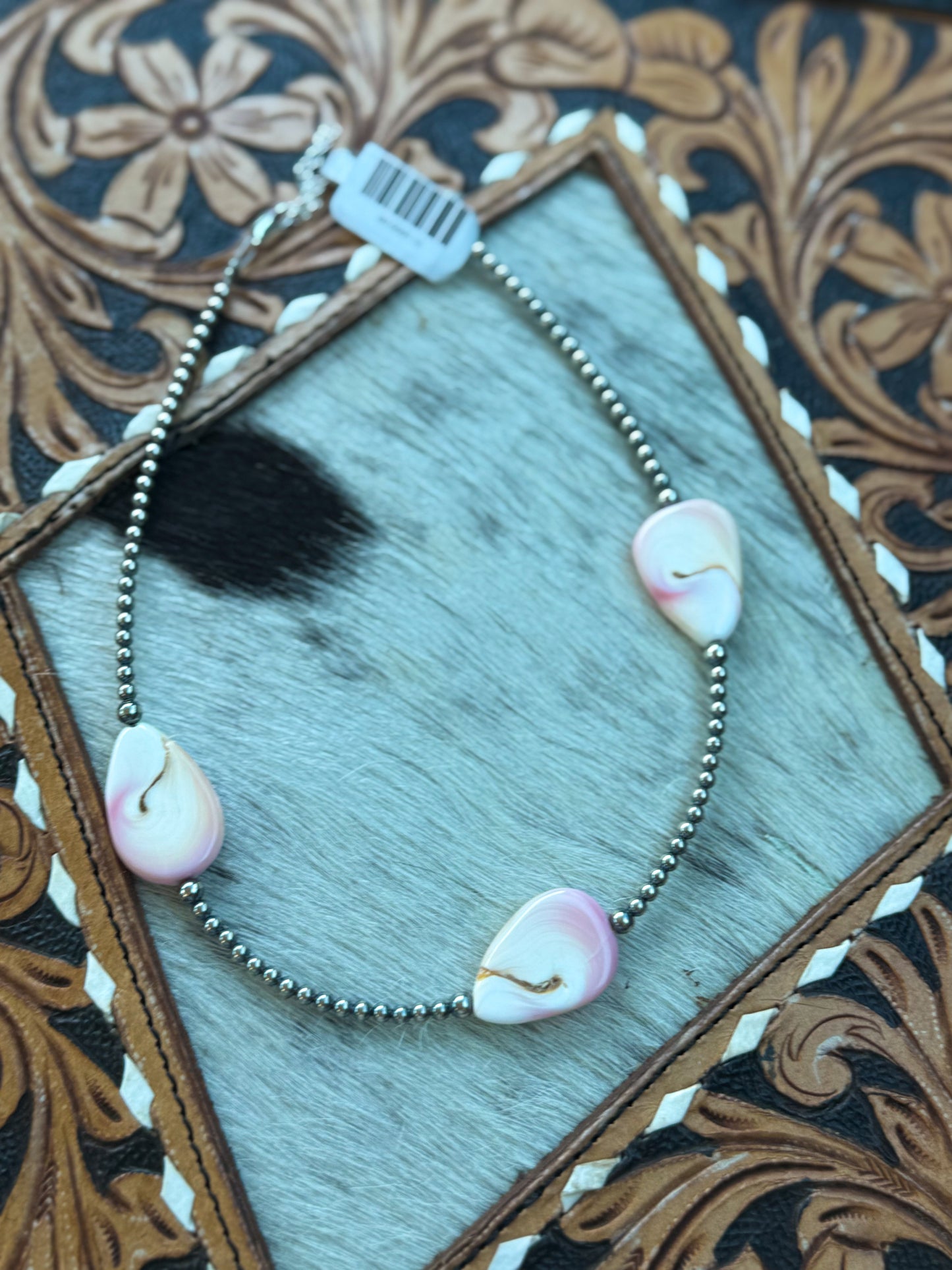 Sterling Silver Choker – 3 Flat Pink Conch Teardrops – 14.5”