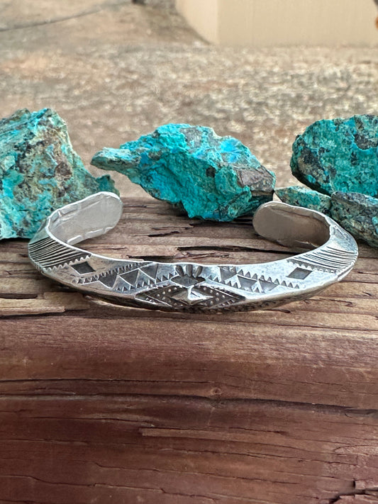 Vintage Old Pawn Navajo Sterling Silver Hand Stamped Cuff Bracelet