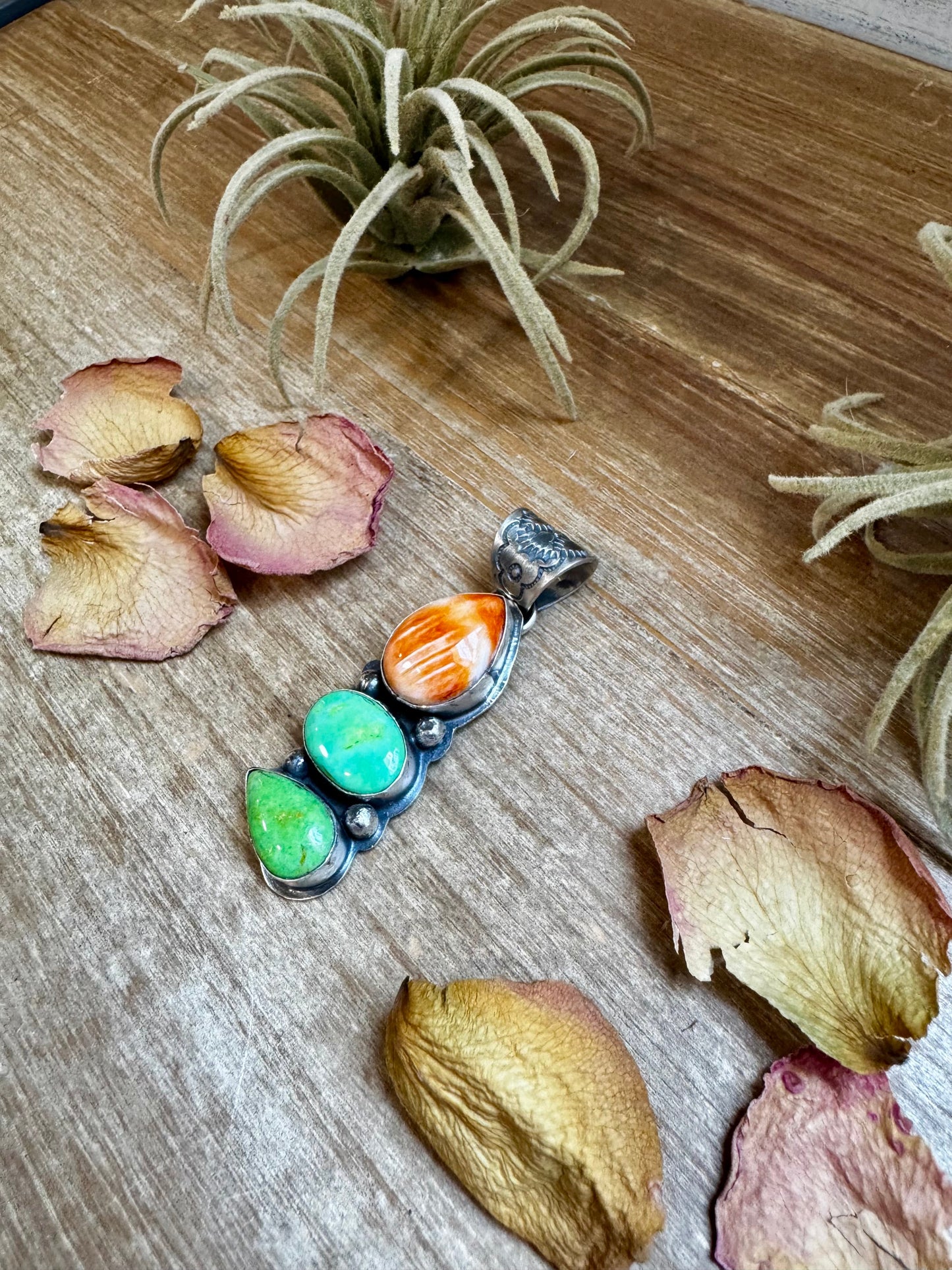 3-Stone Pendant – Orange Spiny & Green Turquoise by Boyd Ashley