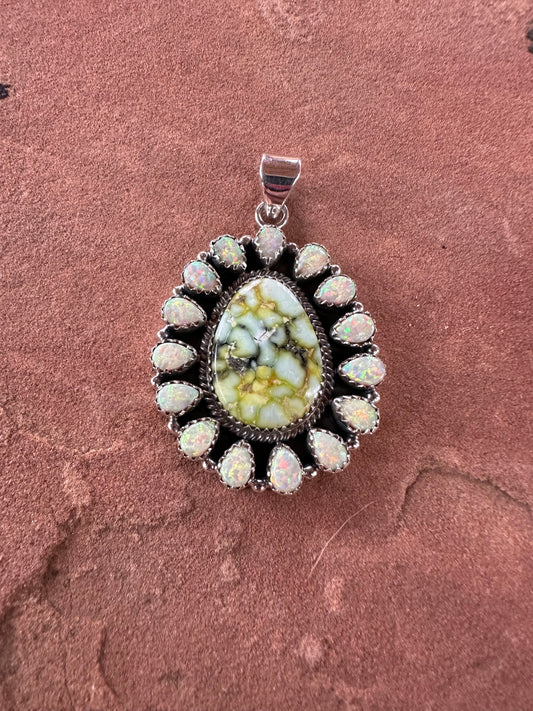 Beautiful Handmade Sterling Silver, Palomino Turquoise, Fire Opal Cluster Pendant