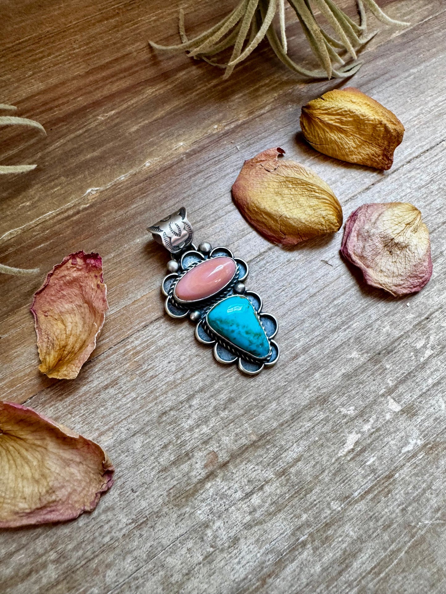 Pink Conch & Turquoise Pendant – Sterling Silver