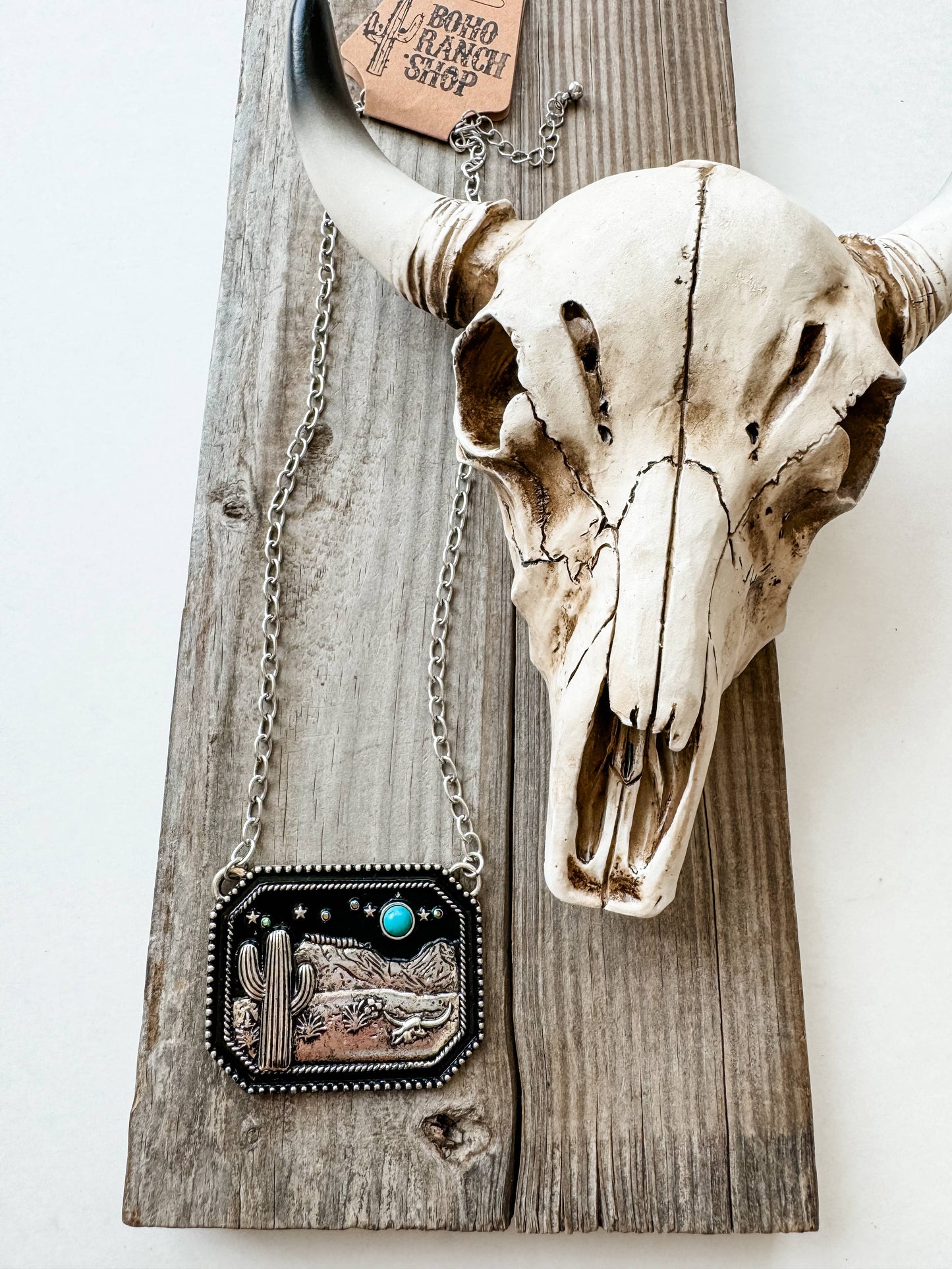 Western Scenery Cactus Desert Pendant Necklace: TURQUOISE
