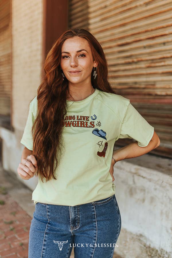 Pistachio LongLive Cowgirls Western Embroidered RawHem Shirt