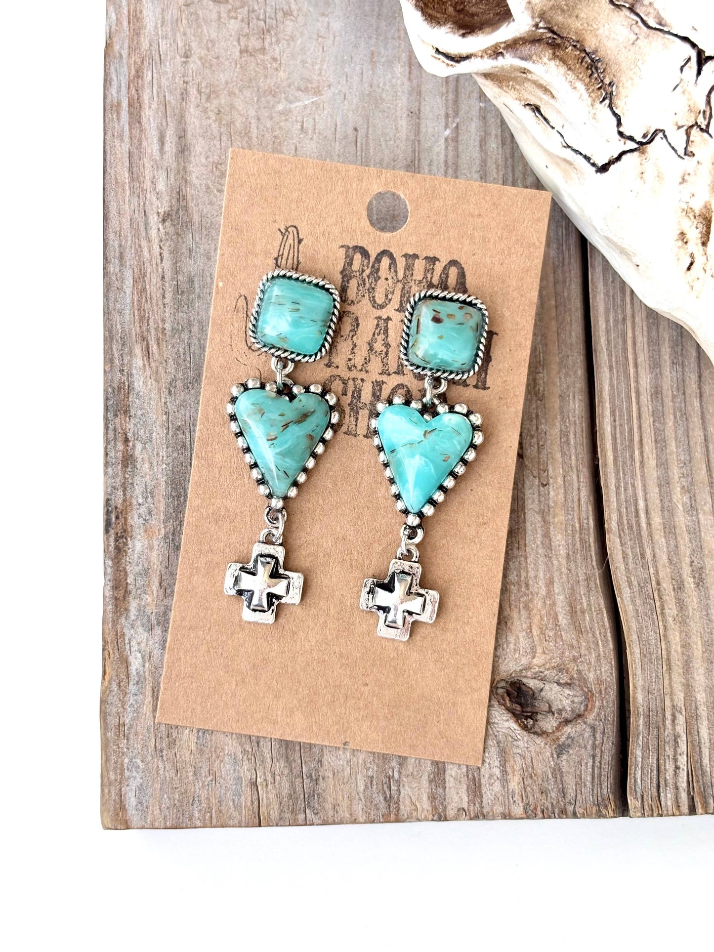 Square, Heart Turquoise Stone & Cross Post Drop Earrings