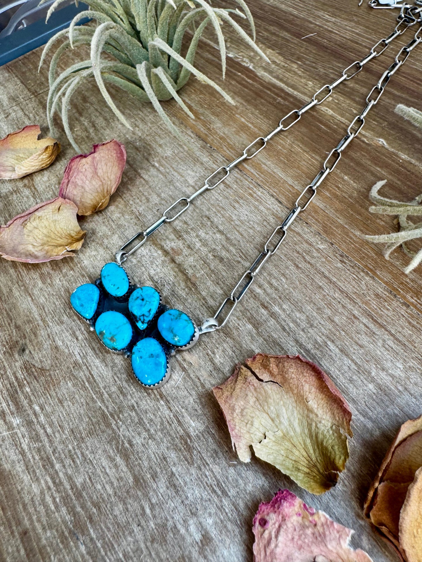 Bar Necklace – 6 Kingman Turquoise Stones – Sterling Silver – 19 Inch Paperclip Chain
