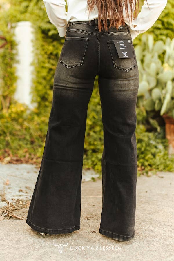 Black Wash High Rise Knee Rip Wide Leg Jeans (31in Inseam): 8