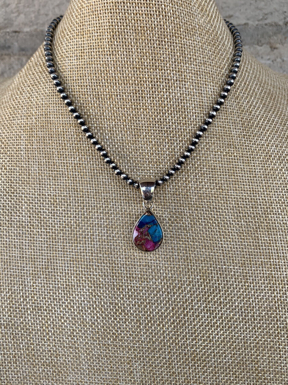 Navajo Pink Dream Mohave & Sterling Silver Handmade Tear Drop Pendant