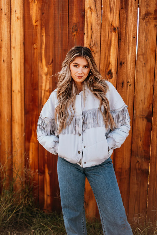 Y’all fly chrome fringe puffer jacket -small
