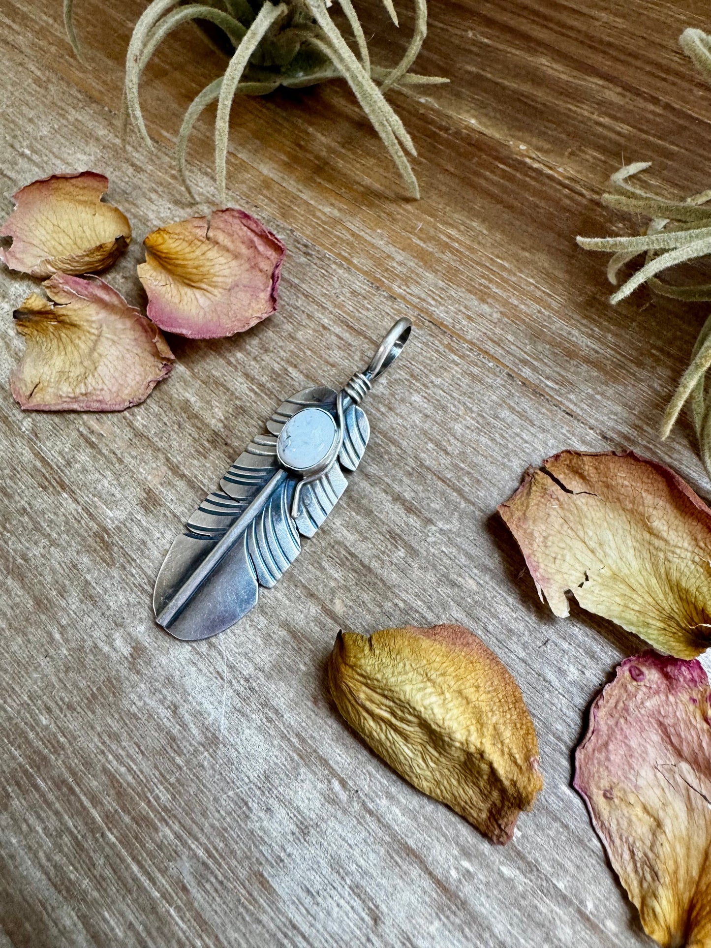 Feather Pendant with White Buffalo – Sterling Silver, Fits 8 mm Chain