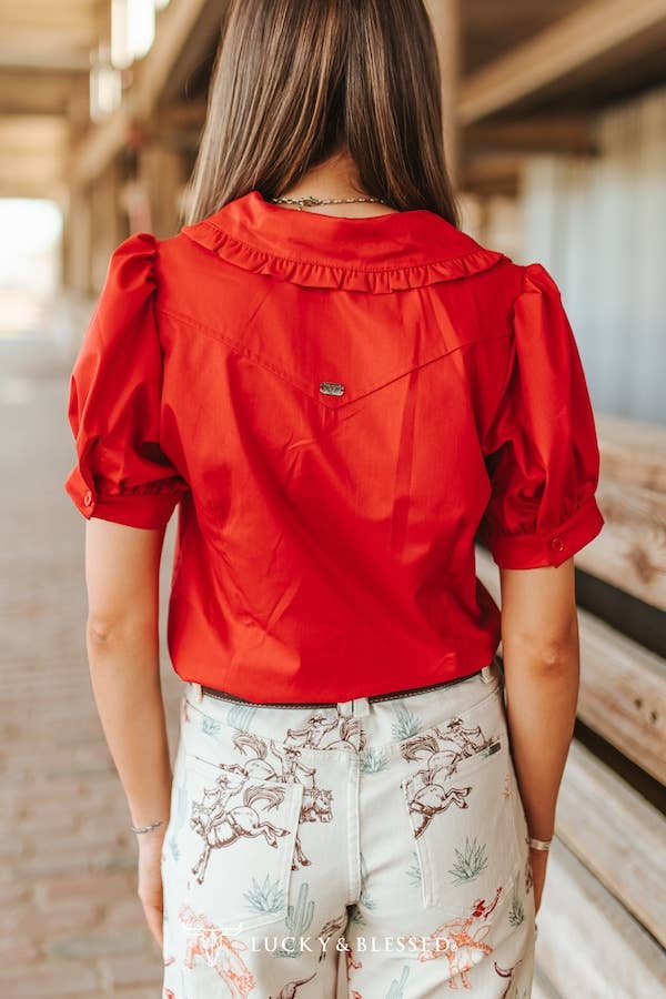 Red Button Down Puff Short Sleeve Collared Shirt