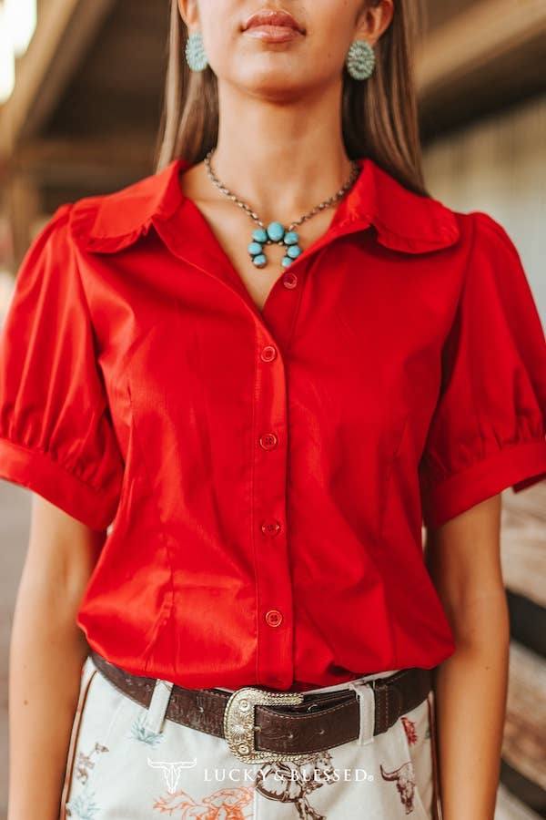 Red Button Down Puff Short Sleeve Collared Shirt