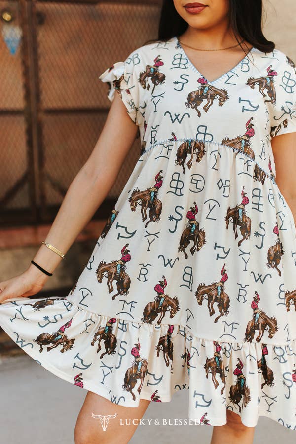 Kicking Cowboy Horse Cattle Brand Ruffle Tier Dress
