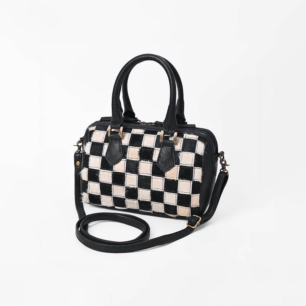 Leather & Hair-On-Hide Black Checkerboard Speedy Bag: ADBGM1088