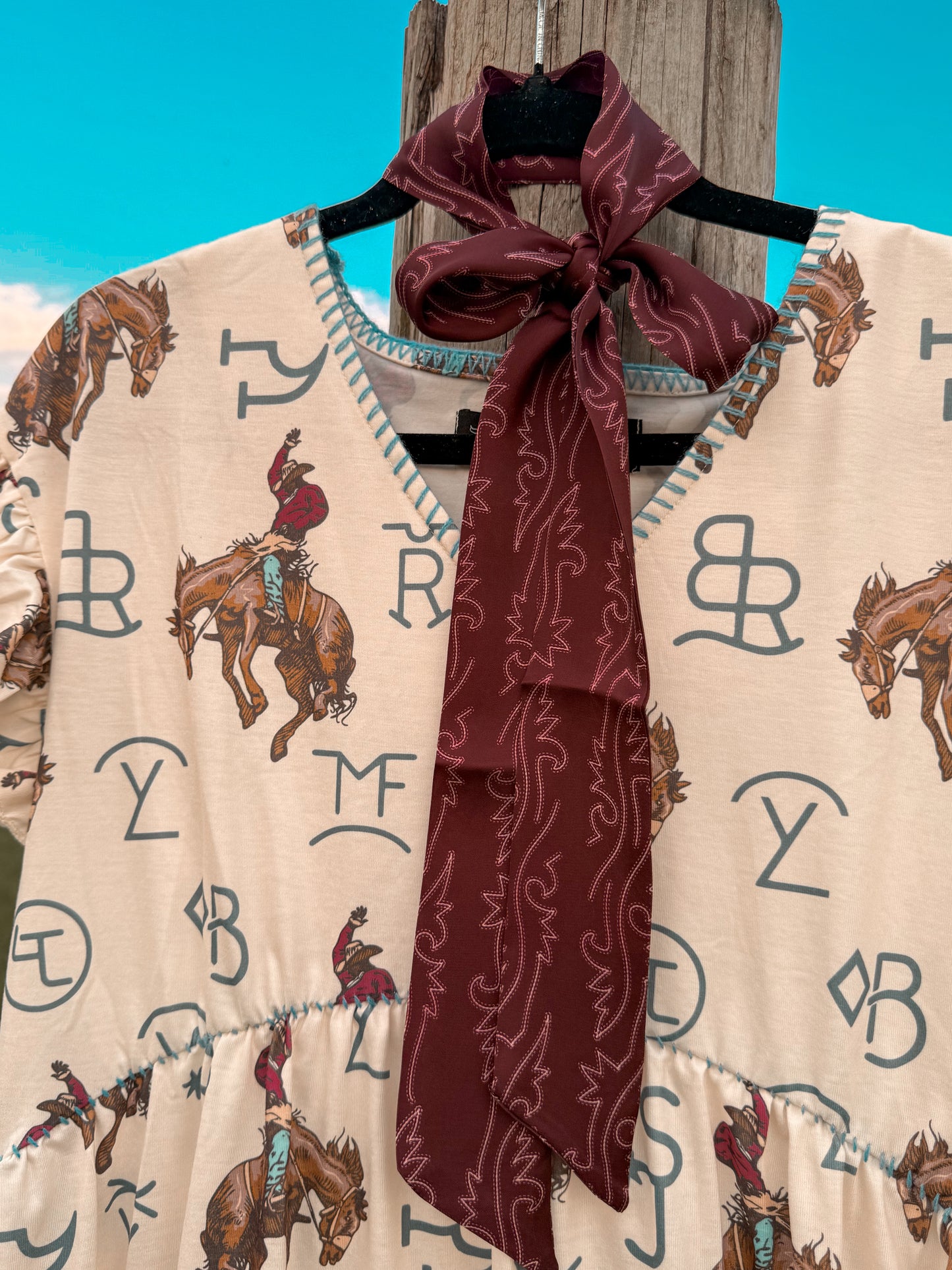 Kicking Cowboy Horse Cattle Brand Ruffle Tier Dress