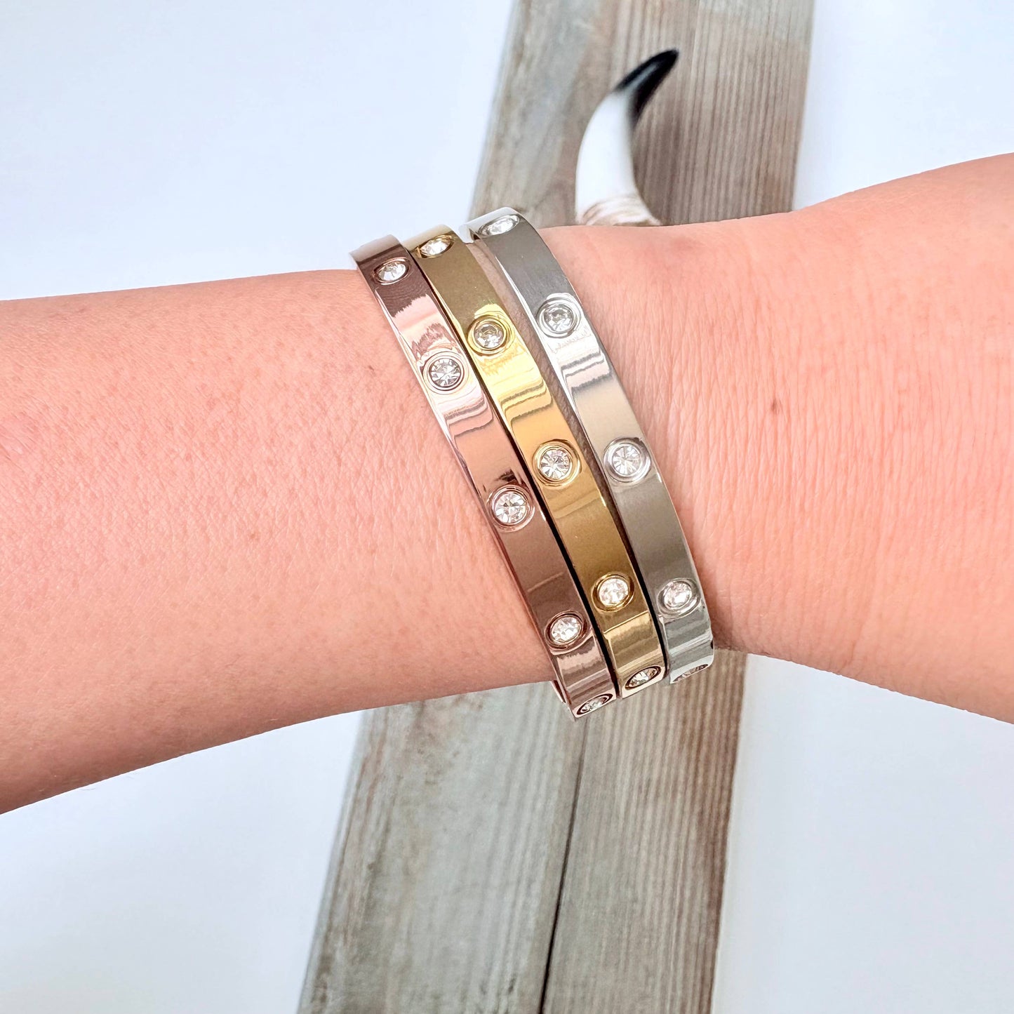 Rhinestone Love Style Bangle Bracelet: Silver
