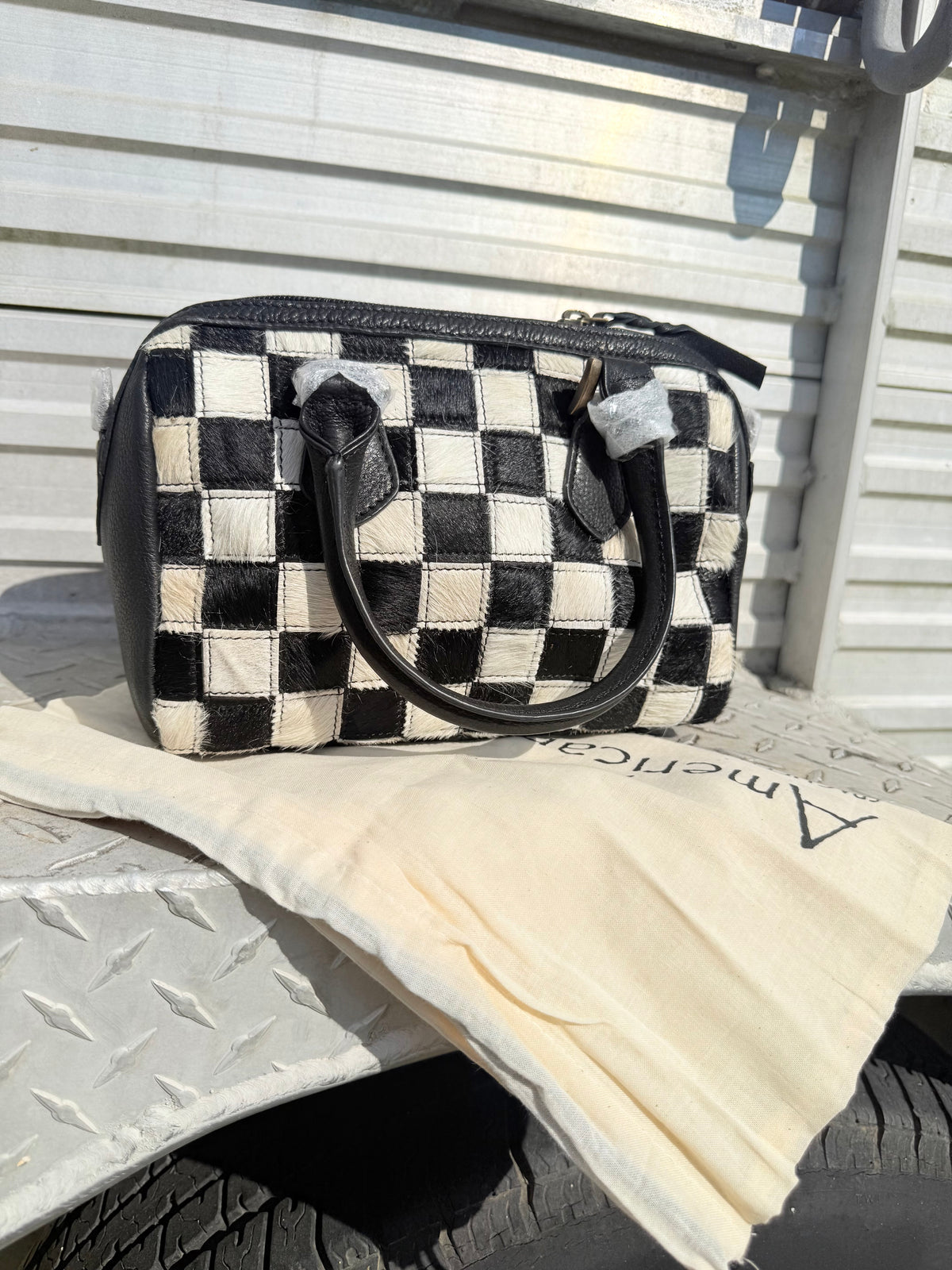 Leather & Hair-On-Hide Black Checkerboard Speedy Bag: ADBGM1088