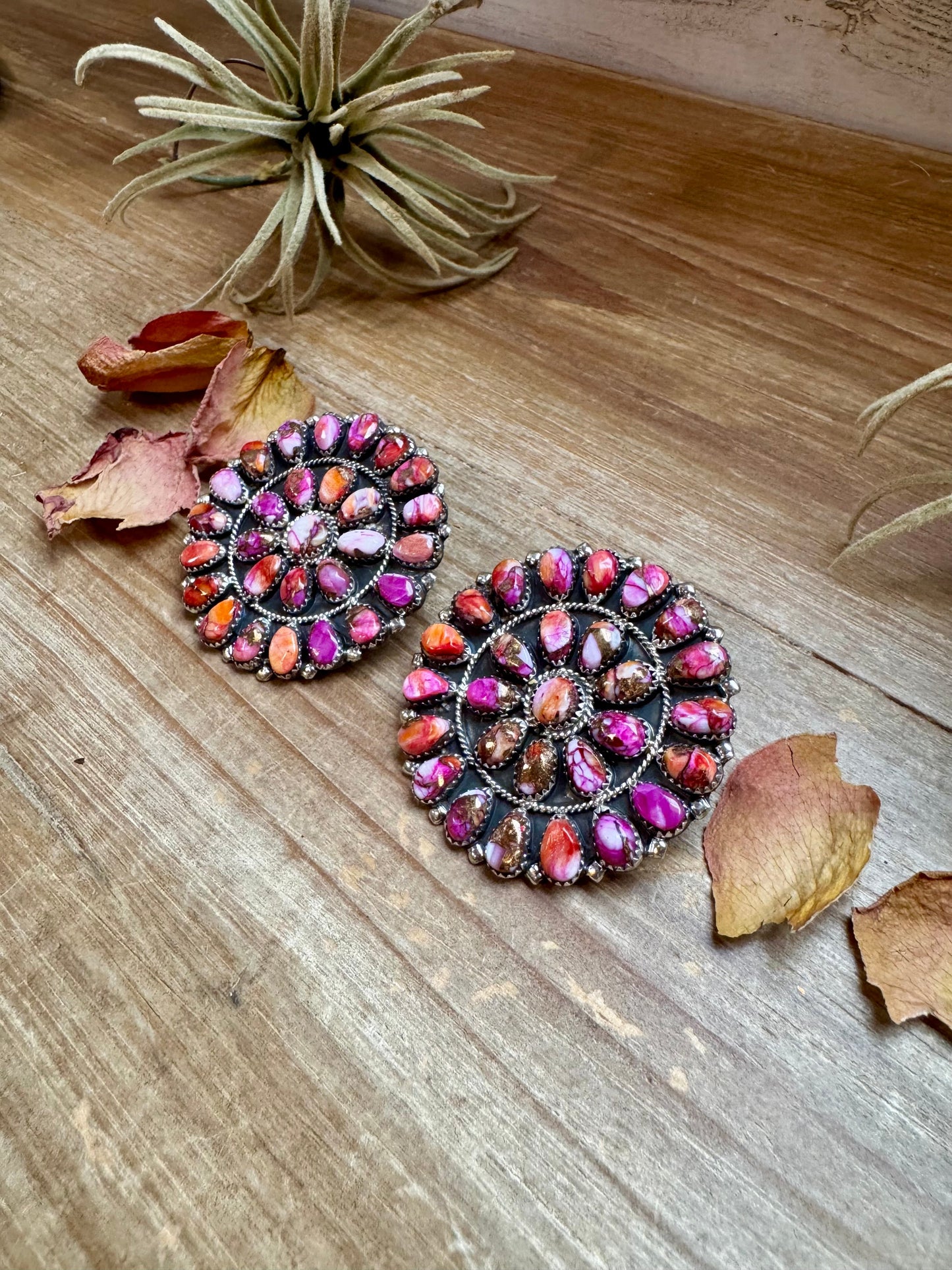 Giant Cluster Earrings – Pink Dahlia Color & Sterling Silver - One of a kind