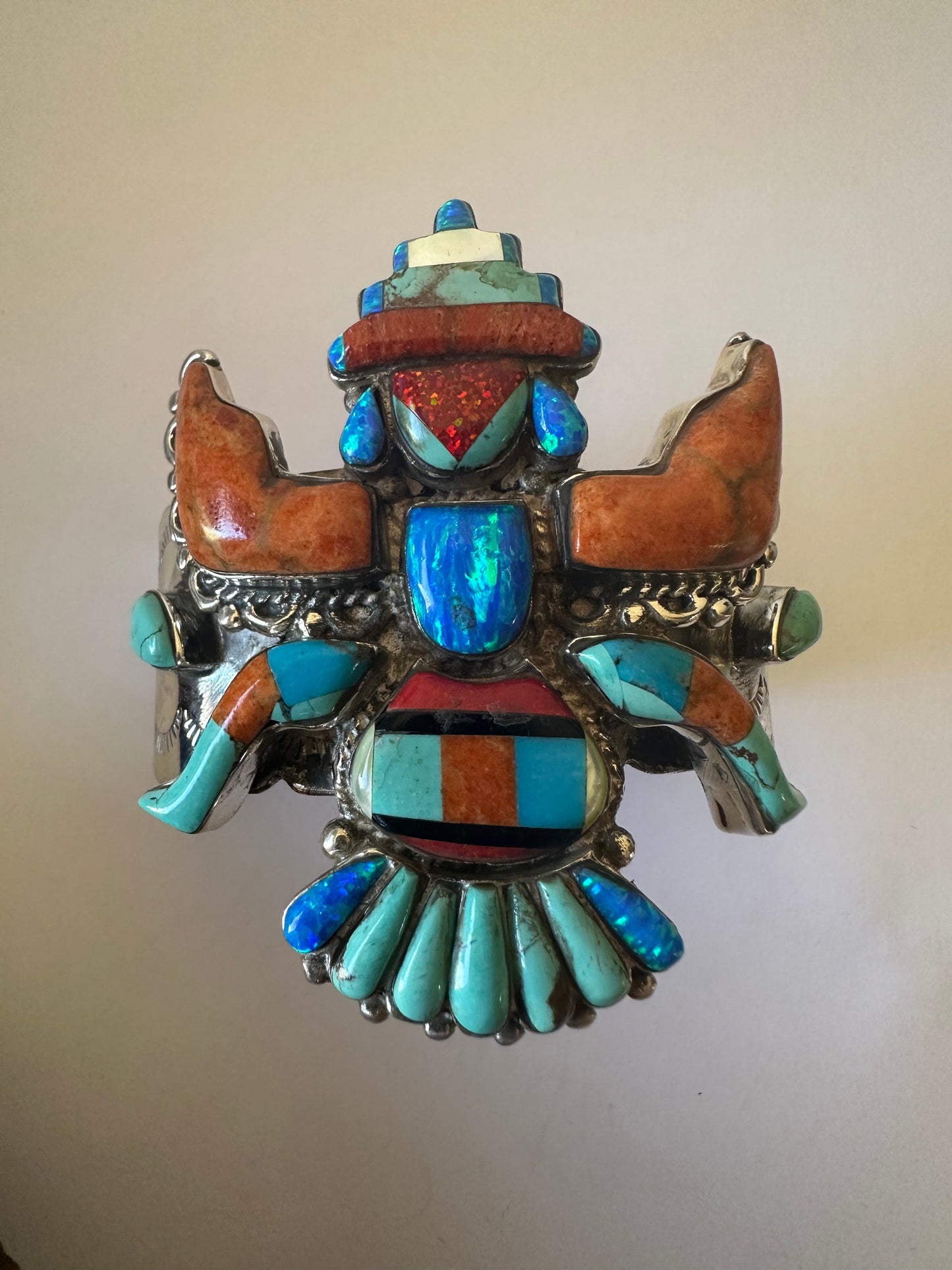 Handmade Sterling Silver Multi Stone Inlay KACHINA Cuff Bracelet