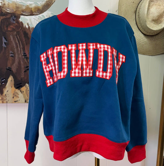 Red gingham Howdy applique mock neck blue sweatshirt