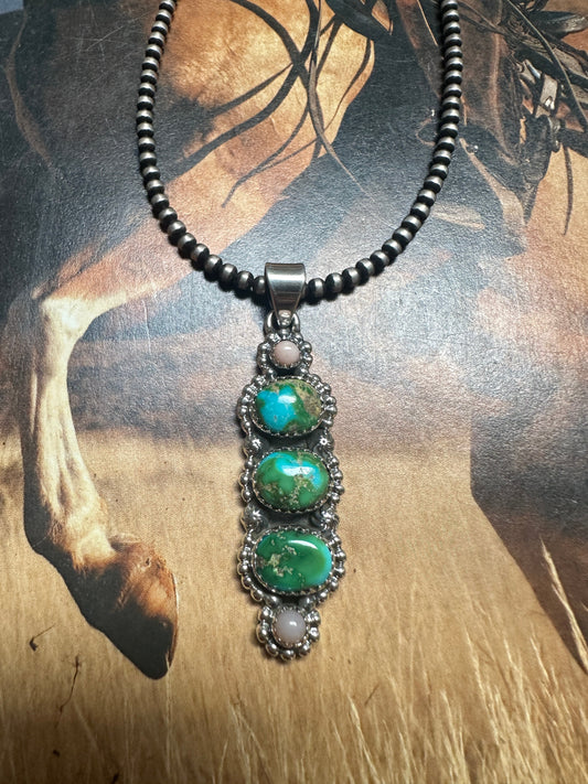 Beautiful Handmade Sterling Silver, Pink Conch & Sonoran Turquoise Pendant