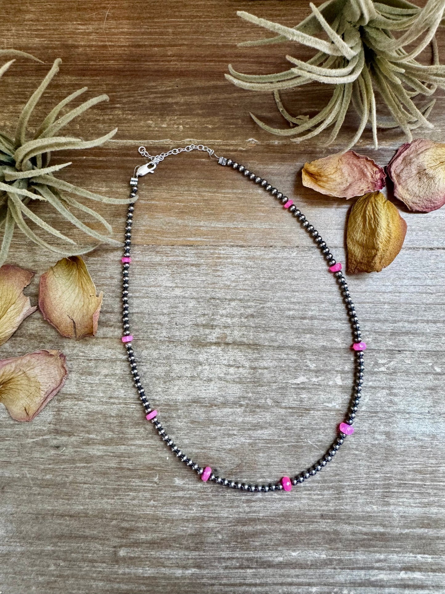 Pink Opal & Sterling Silver Pearl Necklace – 15"