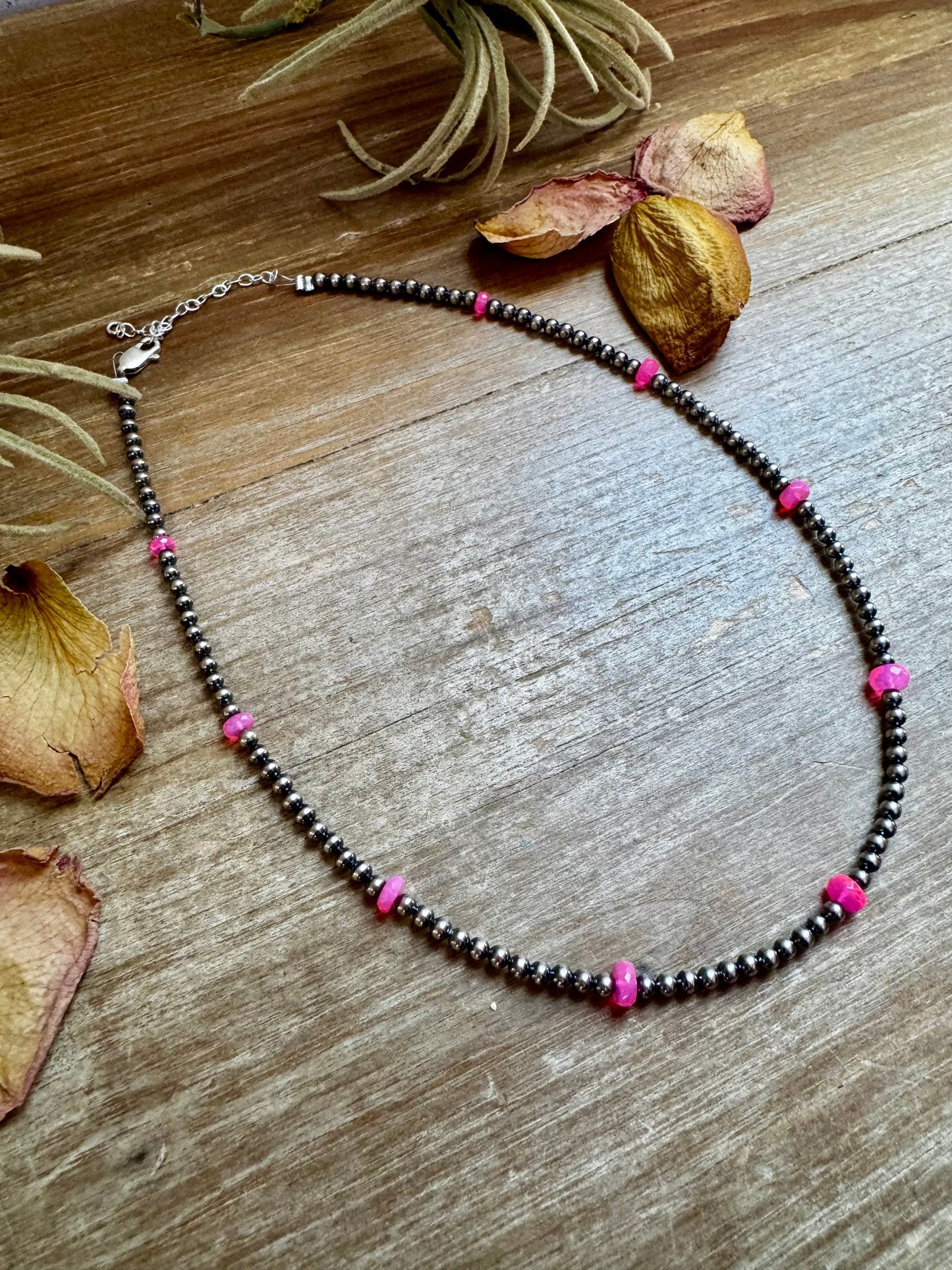 Pink Opal & Sterling Silver Pearl Necklace – 15"