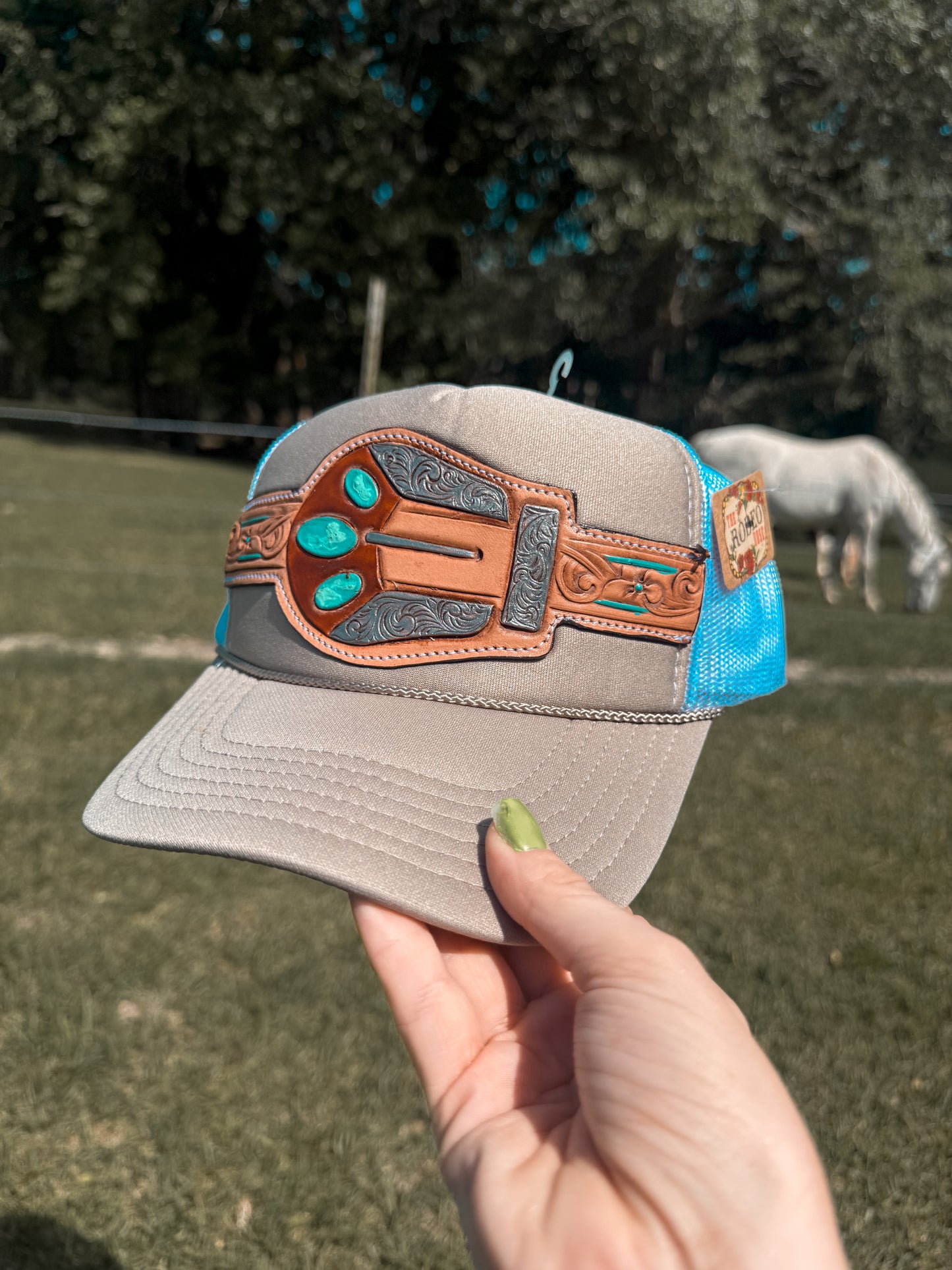 Turquoise Handtooled Buckle Cap