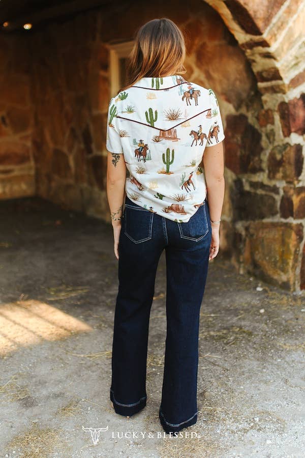 Dark Wash Stretch Denim Western Wide Leg Jeans