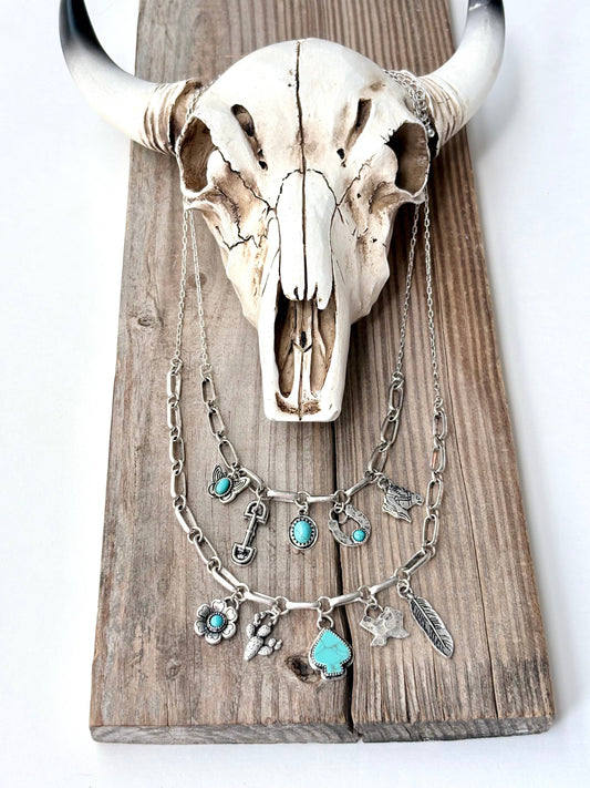 Western Style Turquoise Stone Multi Charm Necklace Set: Silver