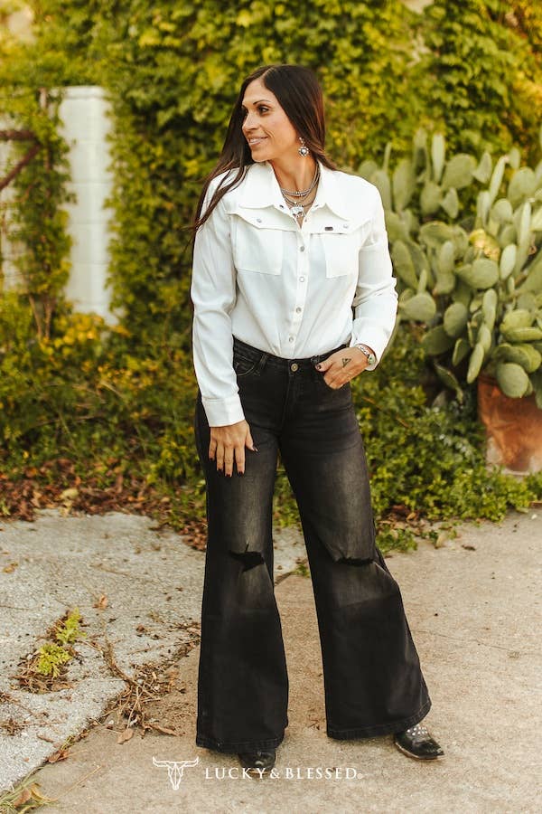 Black Wash High Rise Knee Rip Wide Leg Jeans (31in Inseam): 8