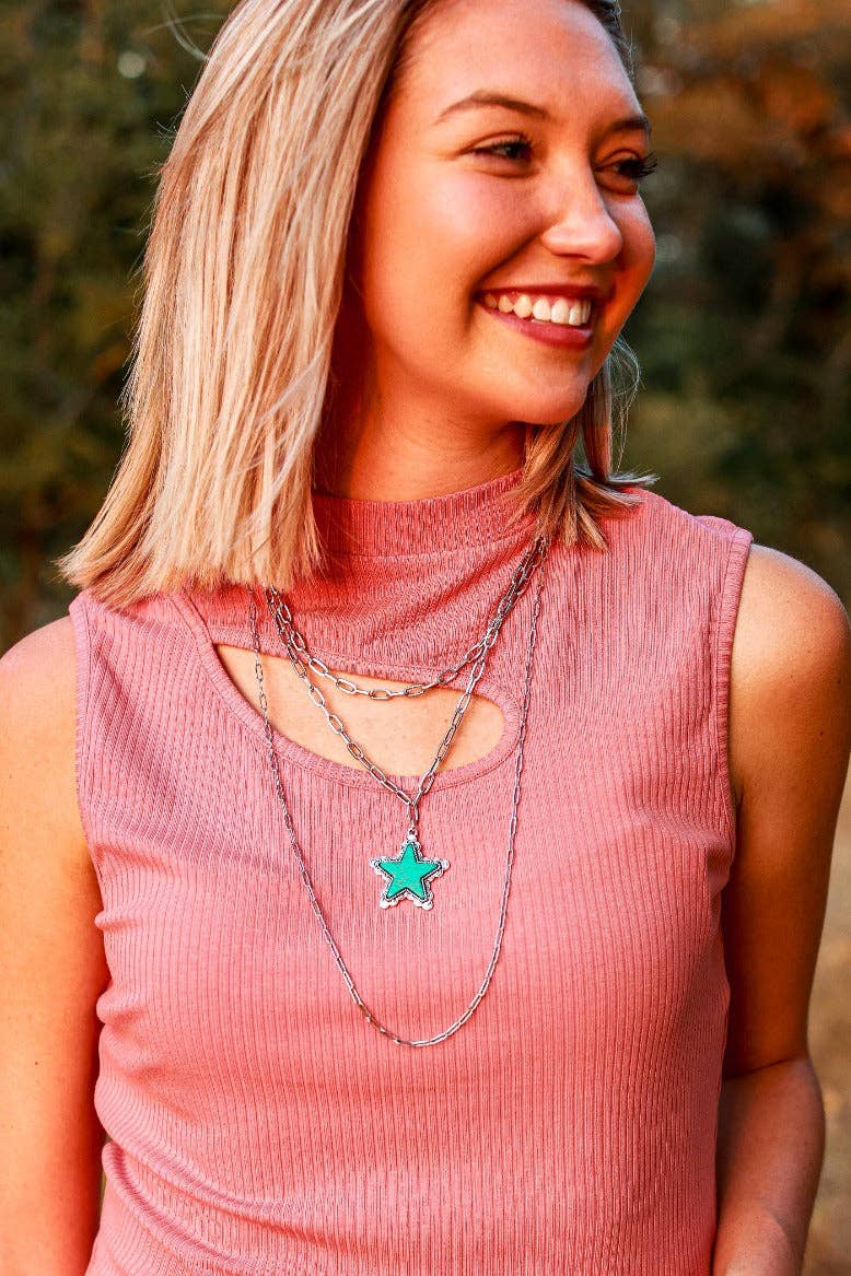 Turquoise Star three layer silver necklace: Turquoise / One Size