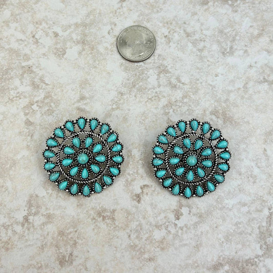 Silver rope and faux  turquoise stone flower concho Earring