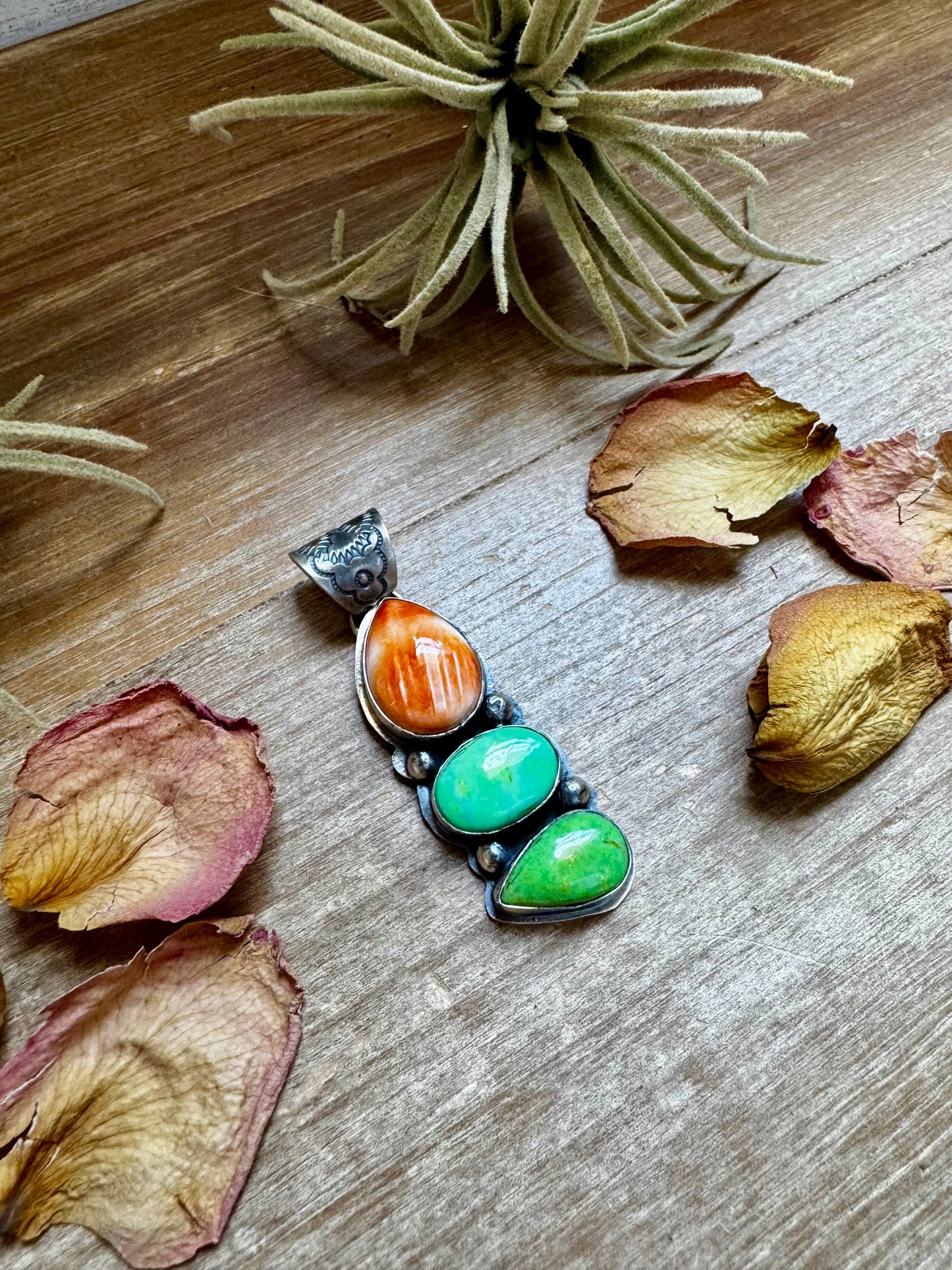 3-Stone Pendant – Orange Spiny & Green Turquoise by Boyd Ashley