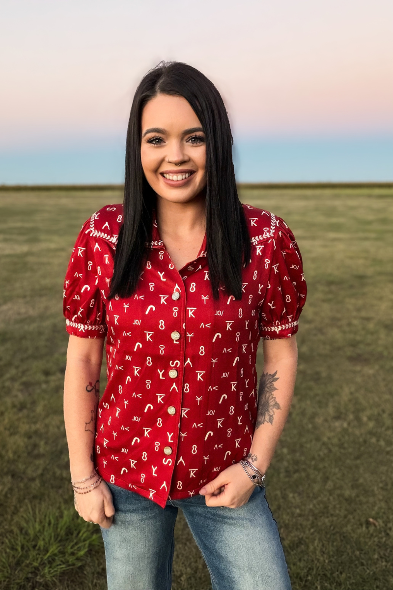 Branded In Red Button Up Top