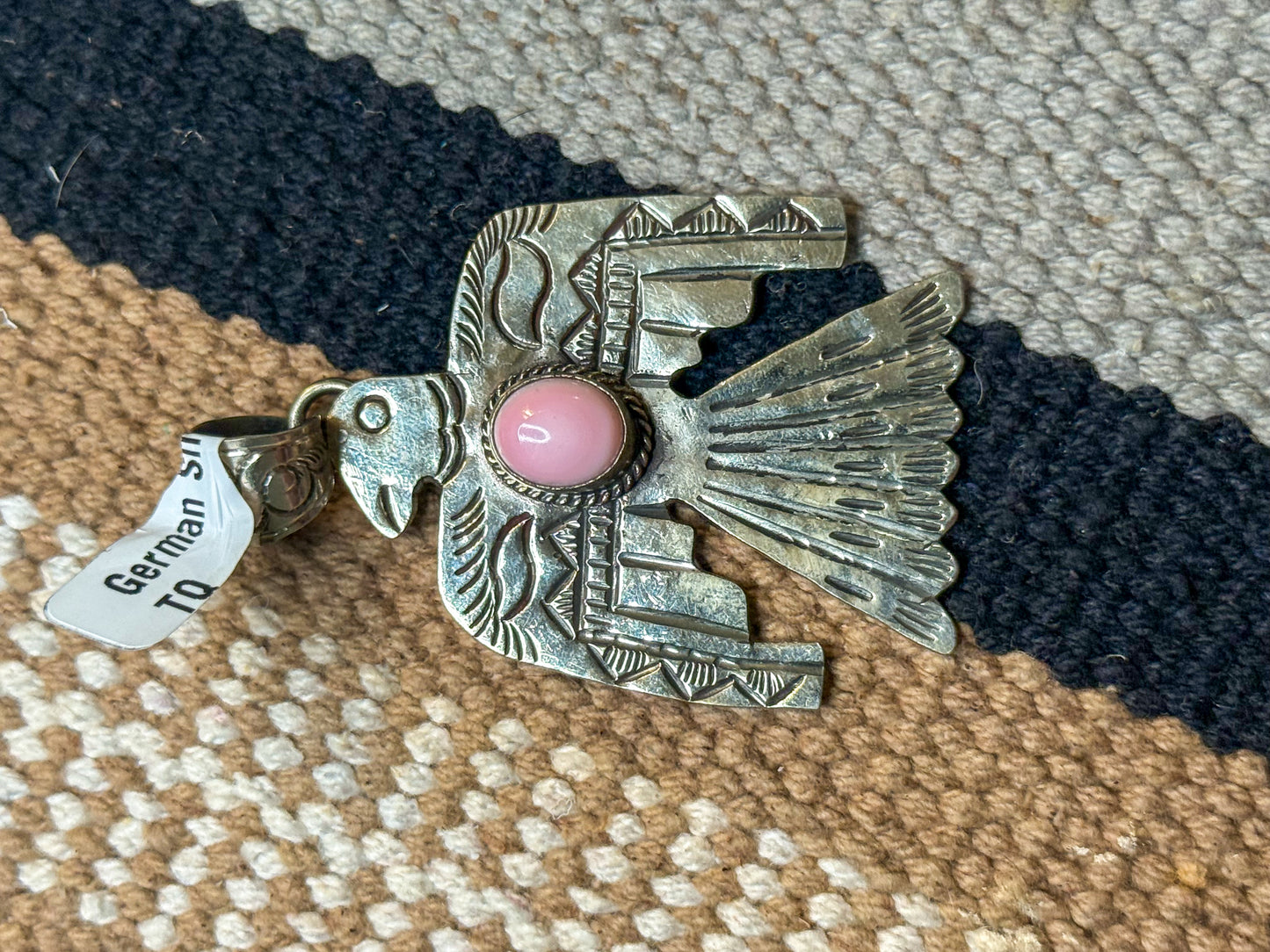 German silver and pink conch Thunderbird pendant