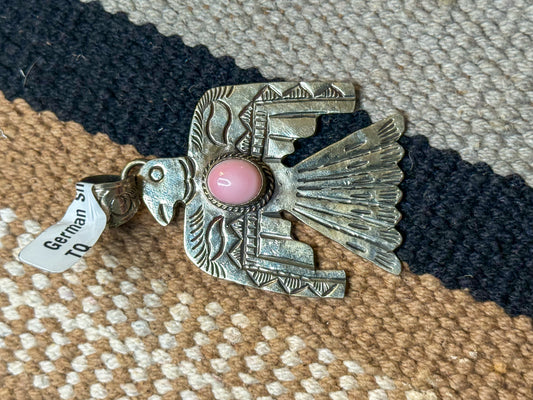German silver and pink conch Thunderbird pendant