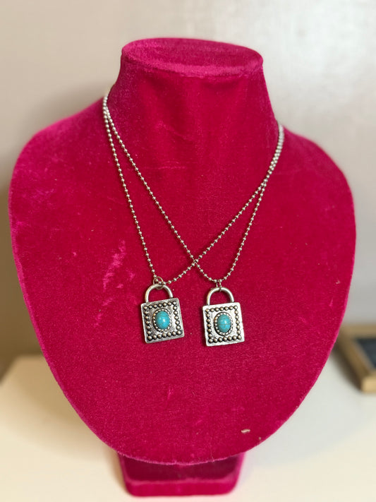 Turquoise + silver lock necklace