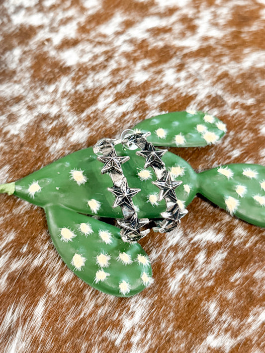 2" Western Style Star Open Hoop Earrings: Silver